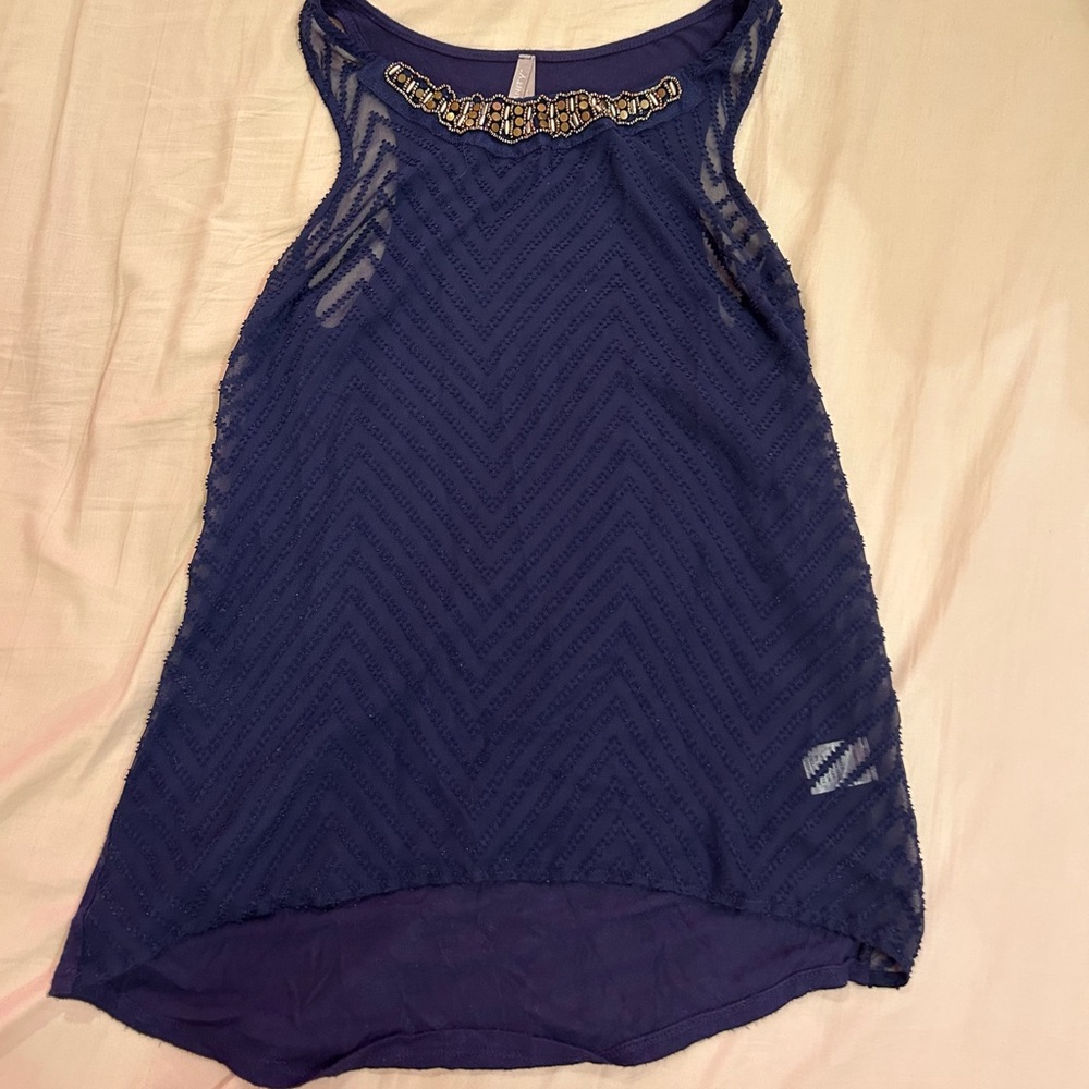 Vanity Blue Asymmetrical Embellished Tank Top